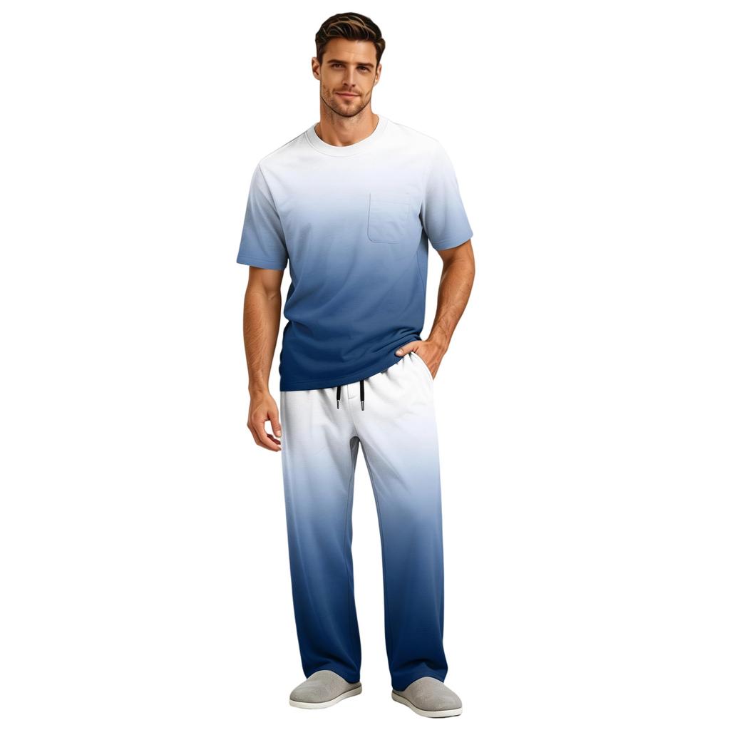 Men's Short Sleeve Pajama Set with Button Fly and Elastic Drawstring Waist