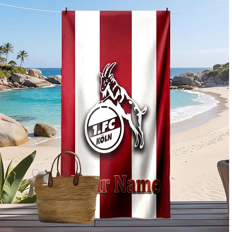 Asciugamano da Spiaggia Personalizzato Stampato FC Köln Logo Calcio Supporto Nome Personalizzato Testo Asciugamano Assorbente Per Sport Viaggio Regalo Speciale