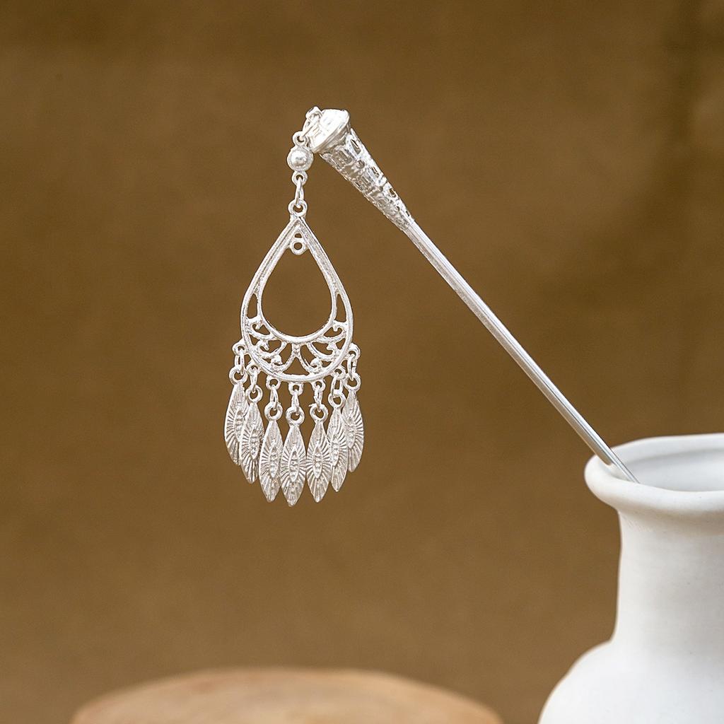 Hairpin Hollow Feather Fringed Hairpin, Ethnic Feng Shui Drop-Shaped Oil Dripping Hairpin Hanfu Disc Hair Accessories