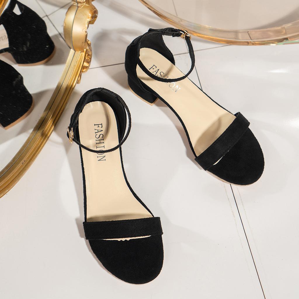 Sandalen dames grote maat 2025 zomer nieuw Europees en Amerikaans veelzijdig vierkante hak open teen suède éénknops damesschoenen