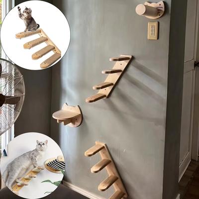 Cat Climbing Wall Mounted Hammock Scratching Post for Cat Wooden Furniture Ladder Steps Cats Sleeping and Playing