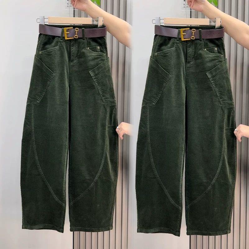 European Style High-Waist Corduroy Women s Pants - Autumn/Winter, Korean Slimming Loose Fit, Simple Straight Leg 4XL