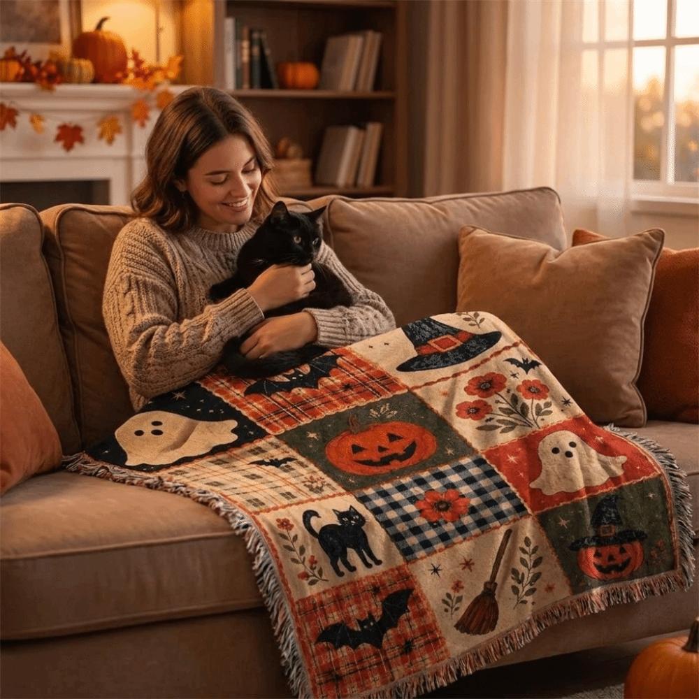 Vintage Halloween Patchwork Blanket Warm Sofa Blankets Pumpkin Ghost Blanket  All-Season