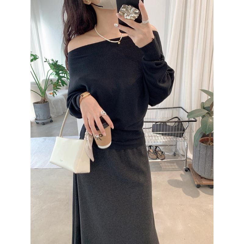 

Осень Зима Однослойный Воротник Свободный Повседневный Пуловер Вязаный Топ Женский Летучая Мышь Рукав Базовый Свитер onesize чёрный