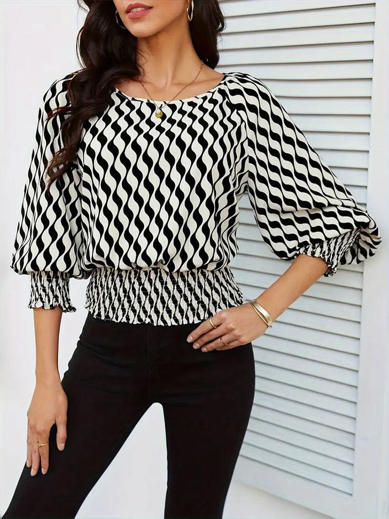 Spring Women's Clothing Lantern Sleeve Top Women Slim Fit Printed T-Shirt