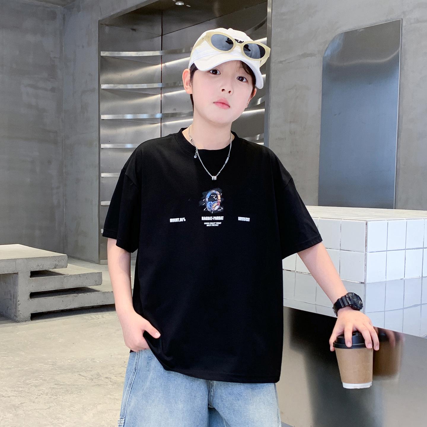 Boys 2026 Trendy Earphone Print Loose Short Sleeve Top 130 cm чёрный