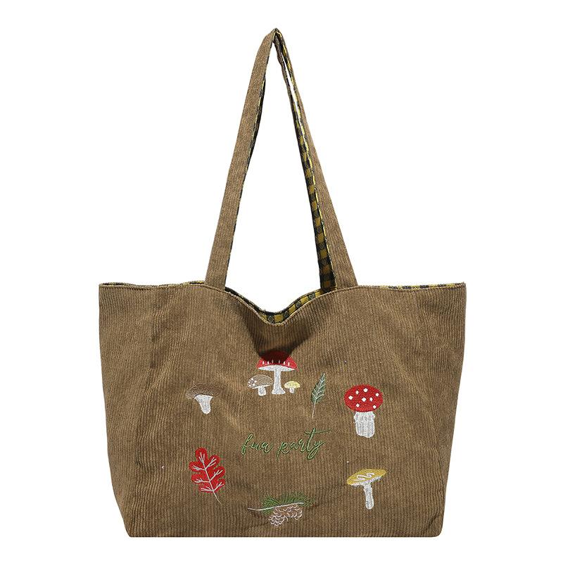 

Mushroom embroidered shoulder messenger bag corduroy plaid double-sided bag autumn and winter new retro student class bag 35*17*28