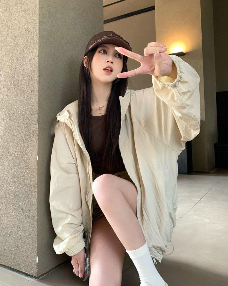 Women's Casual Sporty Long Sleeve Jacket - Spring Versatile Hooded Sun Protection Coat