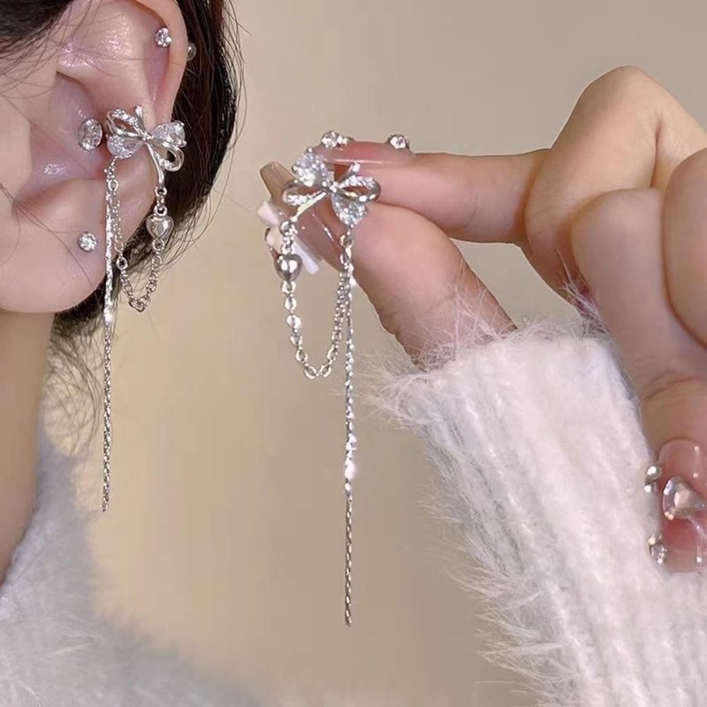 1 Pair Long Tasse Ear Cuff Luxury Design Zircon Ear Clip Fashion Tassel Earring  Female Accessories