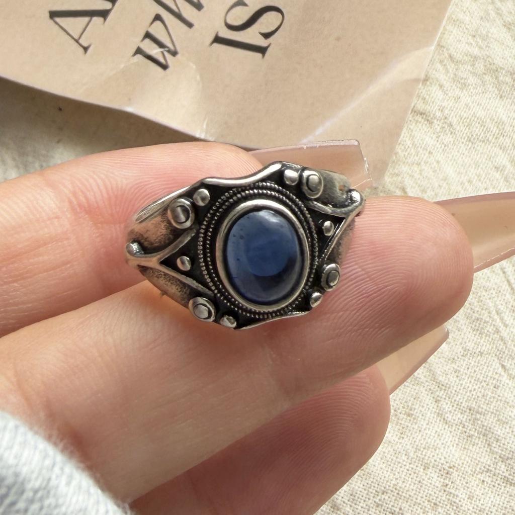 925 Sterling Silver Rings for Women Couple Minimalist Handmade Simple Retro Blue Stone Ring Fine Jewelry Gift Prevent Allergy