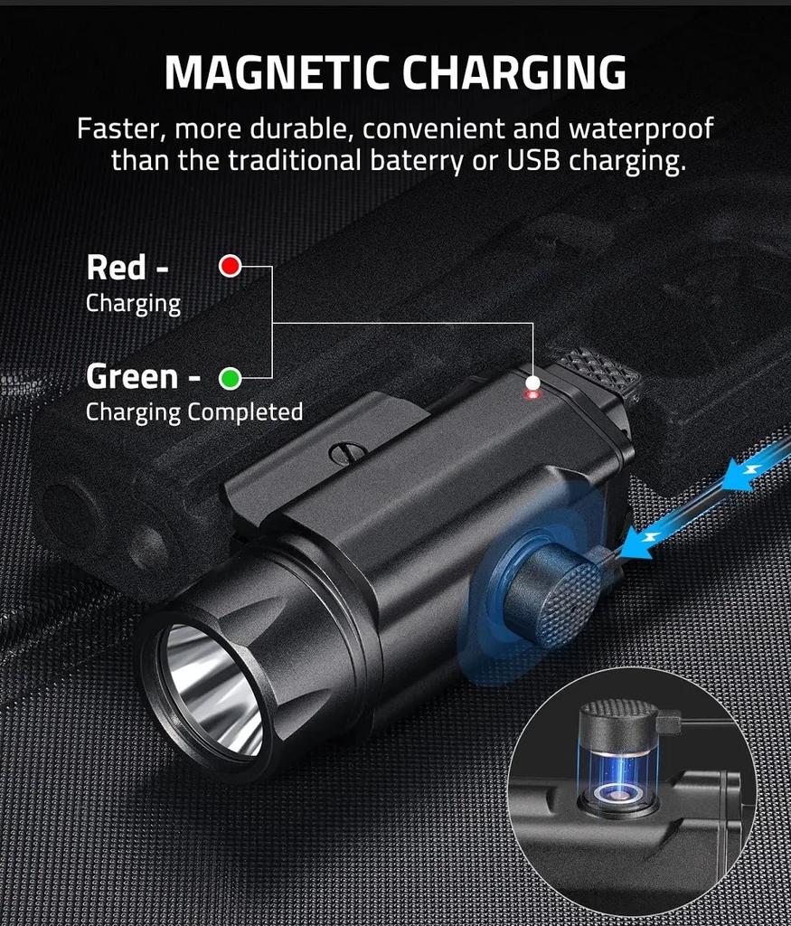 Richfire 1600 Lumens Pistol Gun Light Magnetic Rechargeable LED Strobe Lamp Compact Tactical LED Flashlight for 1913/GL Rail