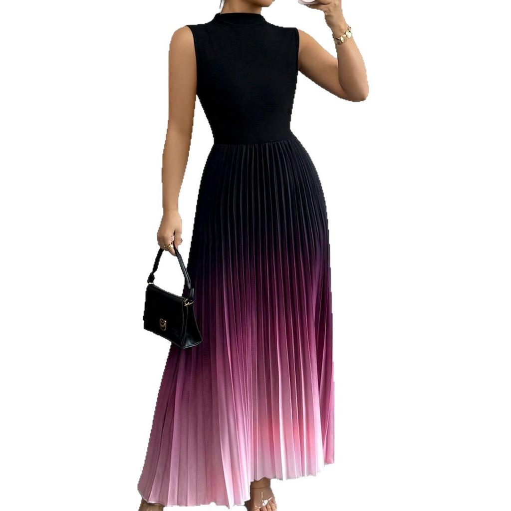 Women's Ombre Color Gradient Pleated Maxi Skirt