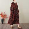 Spring and Summer New Style Retro Cotton and Hemp Round Collar Pocket Long-sleeved Dress Female Loose Thin A Line Skirt