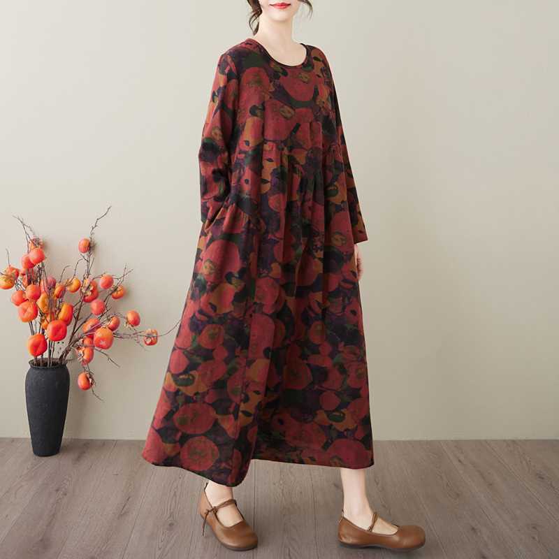 Spring and Summer New Style Retro Cotton and Hemp Round Collar Pocket Long-sleeved Dress Female Loose Thin A Line Skirt