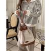 Contrasting striped sweater women's spring loose long-sleeved bottoming shirt large size zipper lo lapel top
