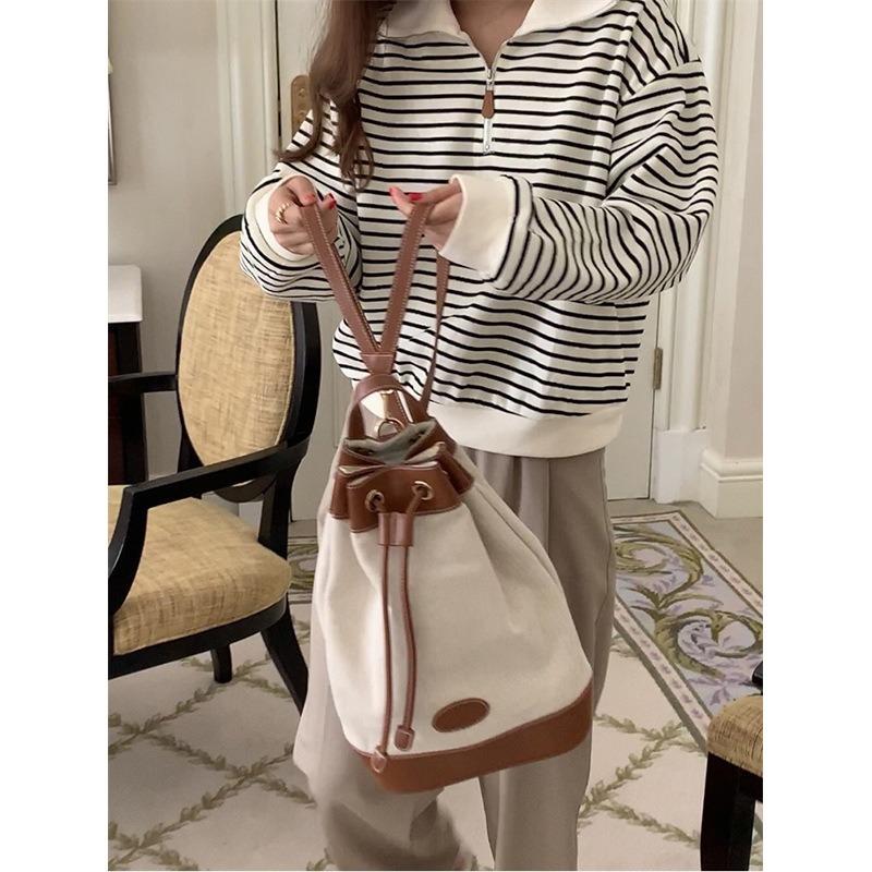 Contrasting striped sweater women's spring loose long-sleeved bottoming shirt large size zipper lo lapel top