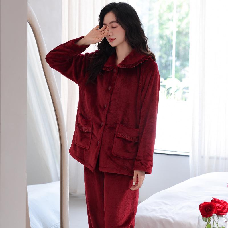 Ensemble de Pyjama d'Hiver en Flanelle pour Femme - Cardigan Mignon, Manches Longues, Vêtement d'Intérieur Chaud et Confortable