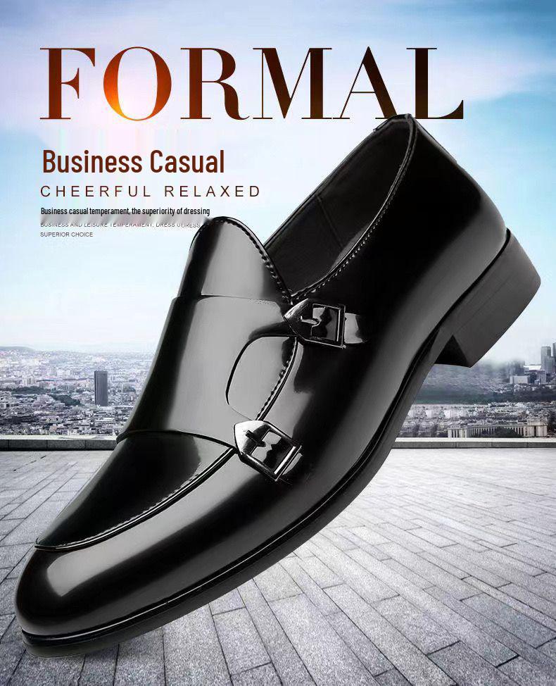Men's Business Casual Double Buckle Pointed Toe Leather Monk Shoes - Shiny English Style Formal Footwear.