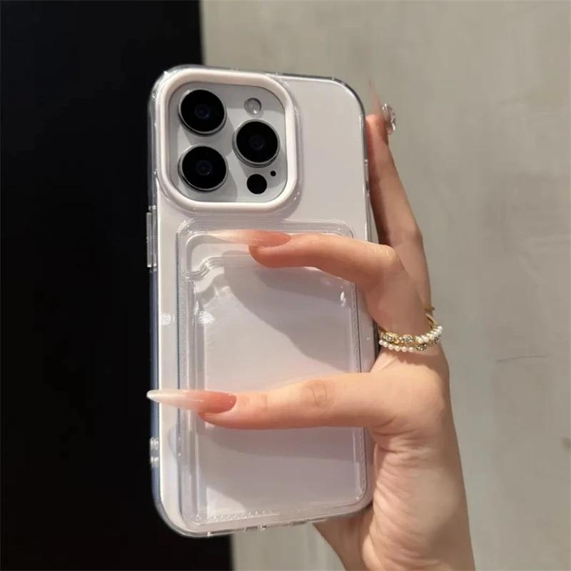 

2 в 1 Слот для карт Кошелек Карман для фото Прозрачный Чехол конфетного цвета для iPhone 17Air 16 15 14 13 12 11 16Pro Max TPU+PC Ударопрочный Чехол For iPhone 13 белый