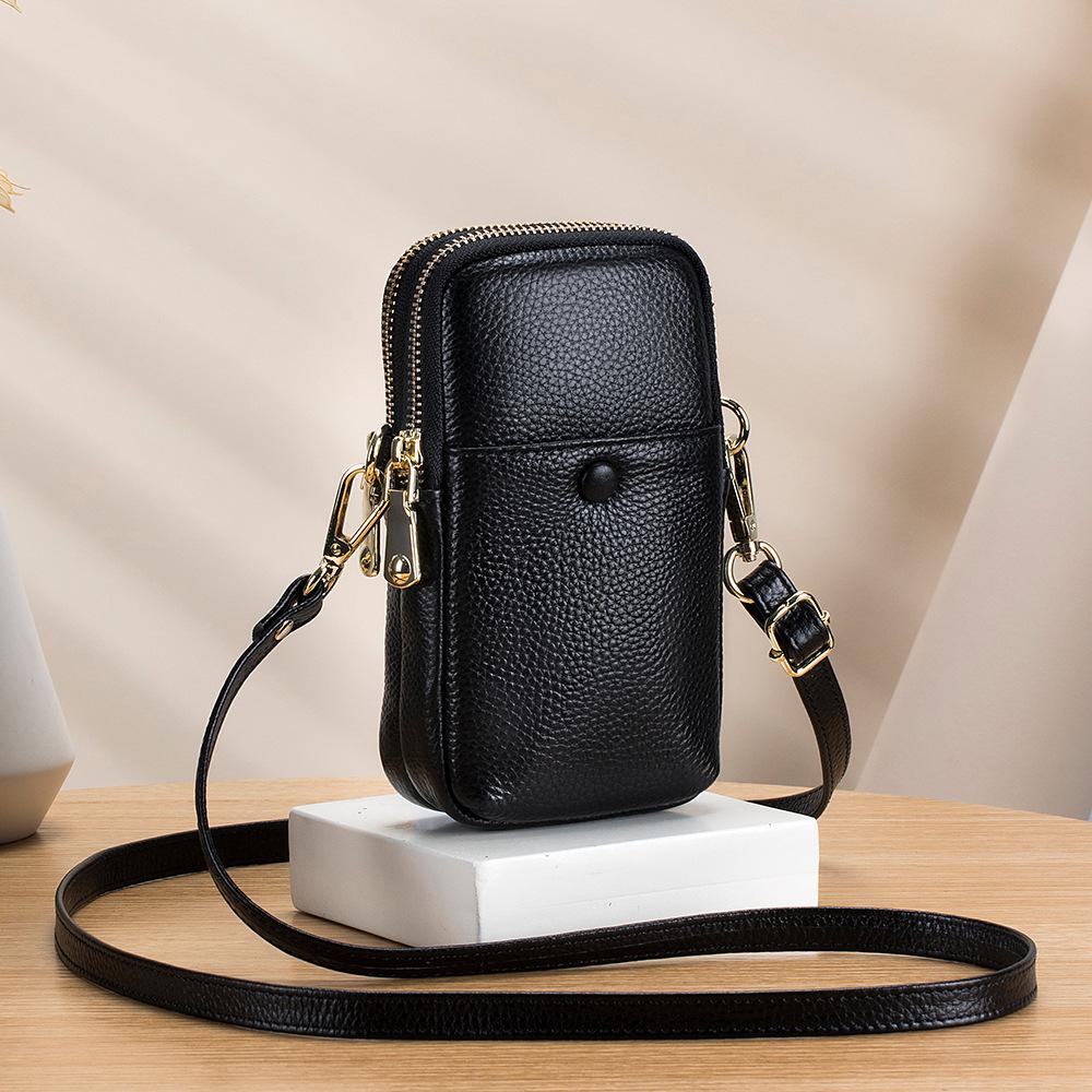 2025 New Soft Cowhide Mobile Phone Bag Women's Vertical Messenger Bag Fashion Double Zipper Shoulder Bag Tide