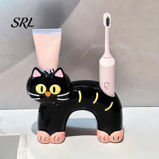 Portaspazzolino Gatto Carino Porta, Forma con Foro di Drenaggio, Porta Resistente alla Muffa Doppia Foro Organizzatore in Ceramica per Accessorio Bagno Resistente alla Muffa