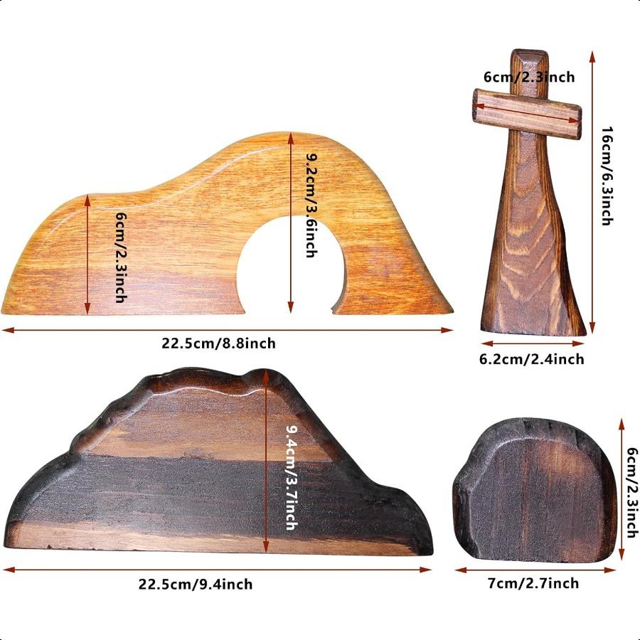 Easter Empty Tomb Scene with Cross Decor Statue Wooden Nativity Set Jesus Decorations Catholic He is Risen for Home 4PCS Empty