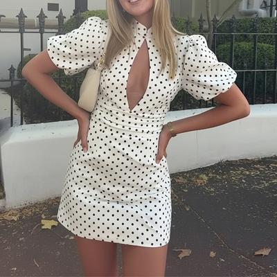 Elegant Women's Polk Dot Short Dresses Puff Sleeve Hollow Out Hip Package Slim Dress Summer Lady Party Evening Vestidos