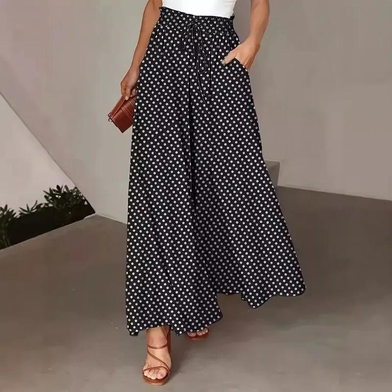 

Women s Polka Dot Wide Leg Palazzo Pants High Waist Drawstring Flowy Trousers XXXL
