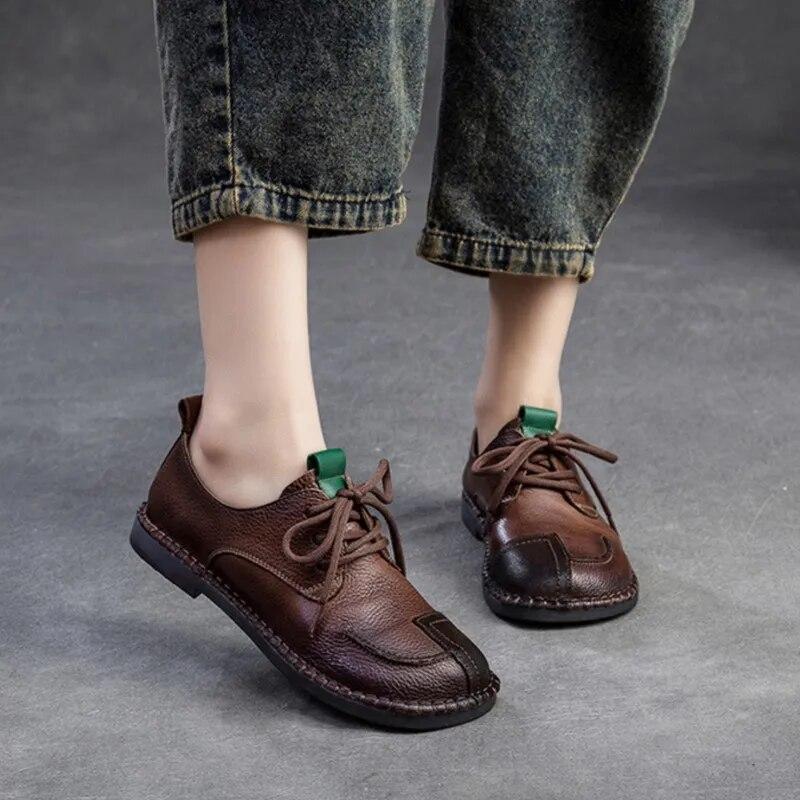 Johnature Damenschuhe aus echtem Leder mit weicher Sohle, Vintage-Stil, runde Spitze, Schnürung, vielseitige, bequeme, flache Schuhe