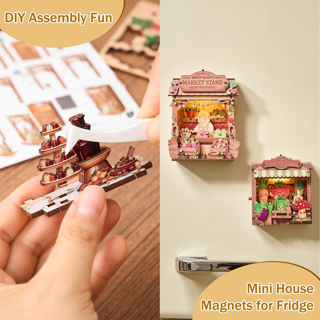2026 New Style DIY Fridge Magnet Kit 3D Wooden Puzzle Miniature Refrigerator Magnet with LED Light Mini Book Nook Home Decor