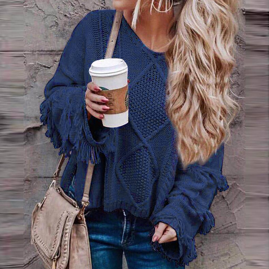 Women's  And Winter Loose Solid Color Wide Sleeve Tassels Stitching Long-sleeved  Knit Sweater Top