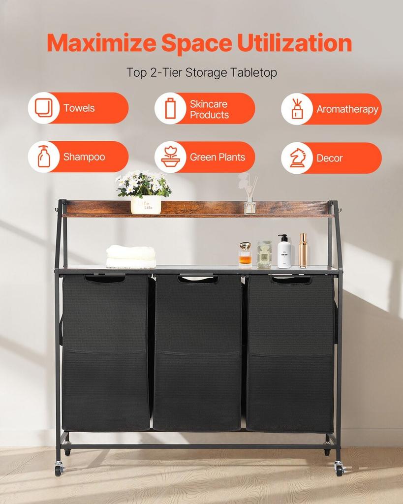 2 Tiers Laundry Sorter Tall Laundry Hamper with Wheels and Hooks 3 Section