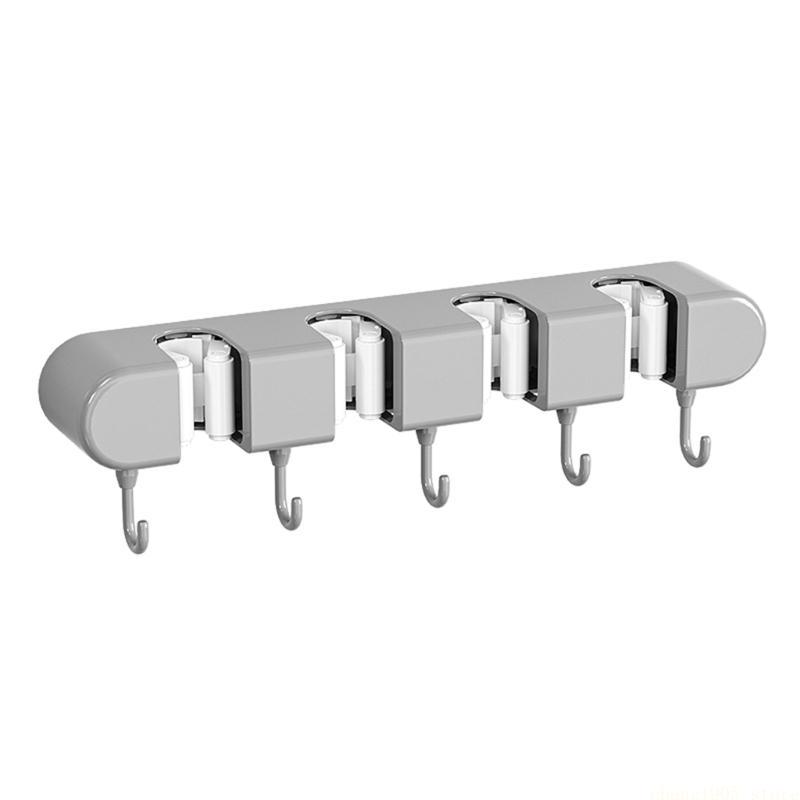 QX2E Mop and Broom Holder with 5 Hooks Wall Mount Broom Grippers Holds Adhesive No Drilling Broom and Dustpan Hanger