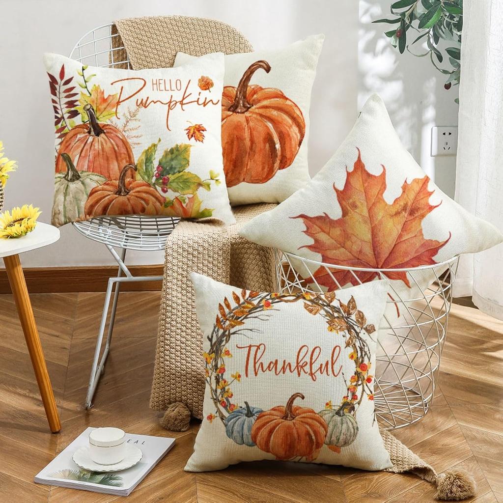 Fall Throw Pillow Covers Of 4, Watercolor Pumpkin Maple Leaf Pillows Autumn Thanksgiving Harvest Thankful Pillows Cushion Case