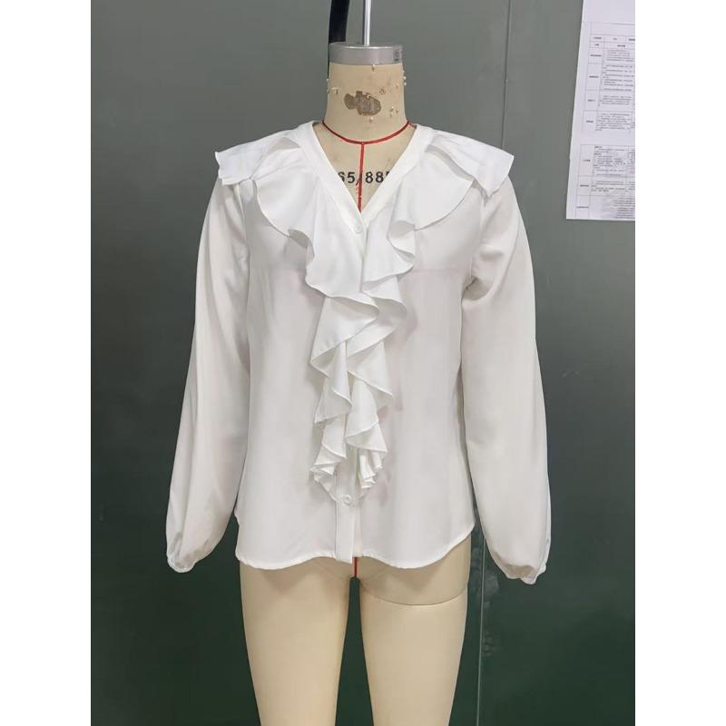 2025 New Autumn Style Splicing Temperament Ruffle Collar Button Fashion Solid Color Versatile Casual Long-sleeved Shirt