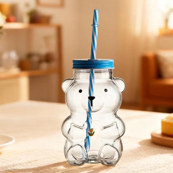 500ml Glass Cup with Straw Reusable Bear Bottle Food Grade Borosilicate Glass Heat Resistant Microwave Safe Drinking Bottle