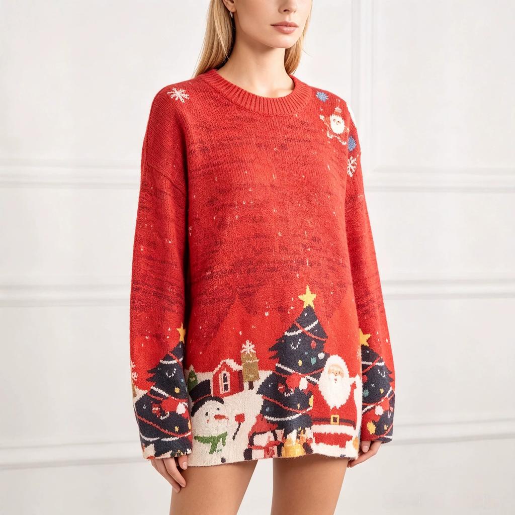 Christmas Sweater 3D Pattern Printed Women's Sweater Pullover, Casual Loose Long-sleeve Knit Crew Neck Top