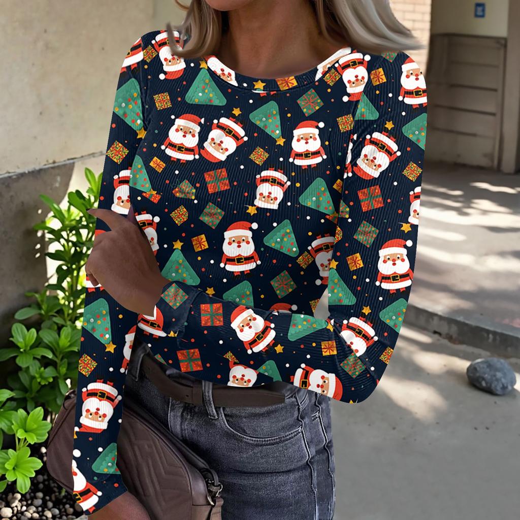 Women's Casual Long Sleeve Ribbed Knit Top with Christmas Print and Round Neck