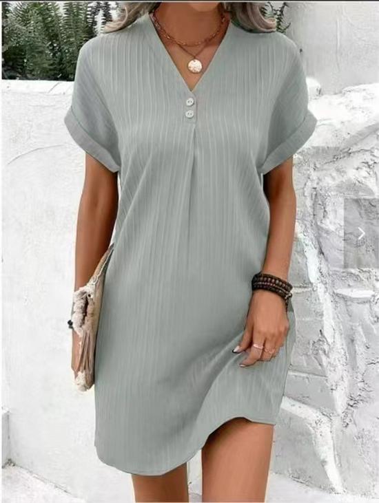 2023 V-Neck Solid Color Casual Button Dress for Women - Comfortable and Fashionable