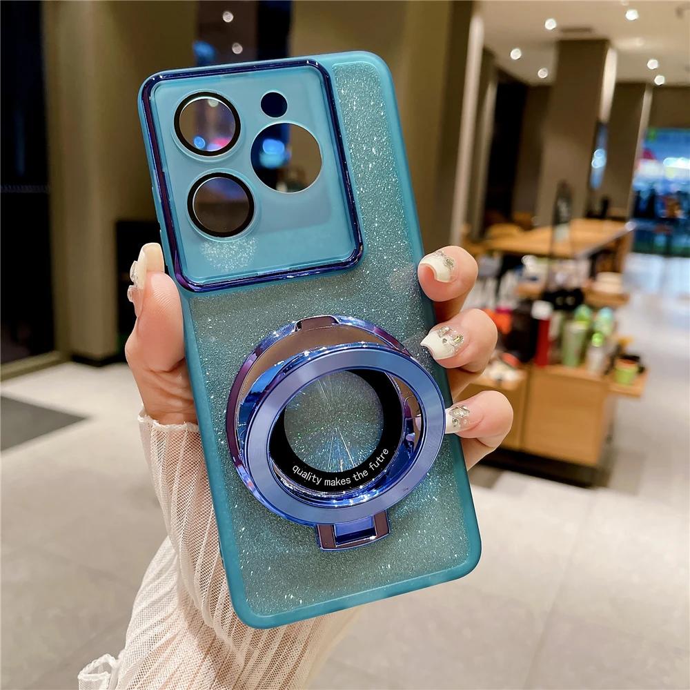 Magnetic Holder Glitter Silicone Case for VIVO Y78 Y77 Y77E Y16 Y17 Y18 Y35 Y20 Y21S Y52S Y76S Y200i Y200 X70 X80 X90 X100 Pro S15 S17 S18 S19 Pro