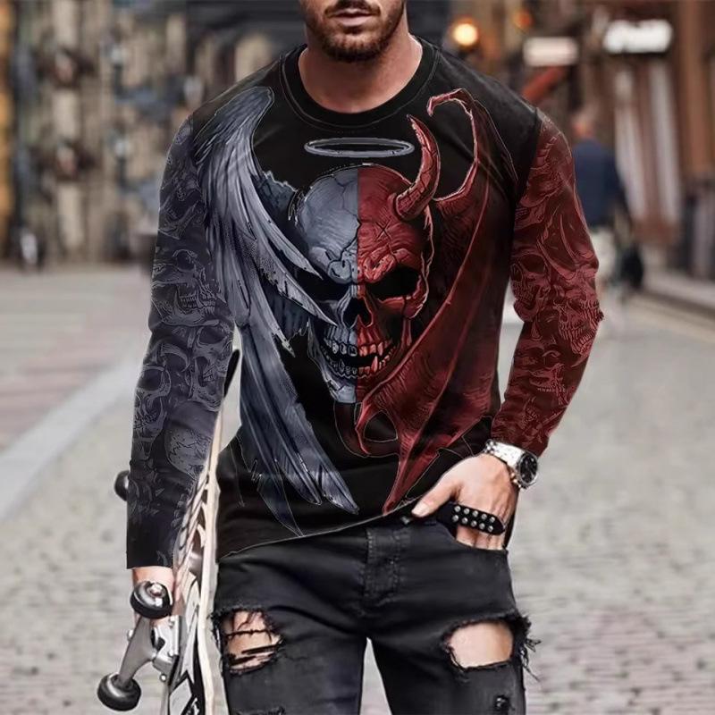 Autumn Round Neck 3D Skull Pattern Printed Top Fashionable Casual Long Sleeved Men's T-shirts