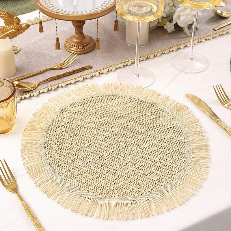 

1 шт. Плейсмат Коврик для западной кухни Льняная декорация Противоскользящий Плетеный костер для обеденного стола Кисточка Круглый Декор