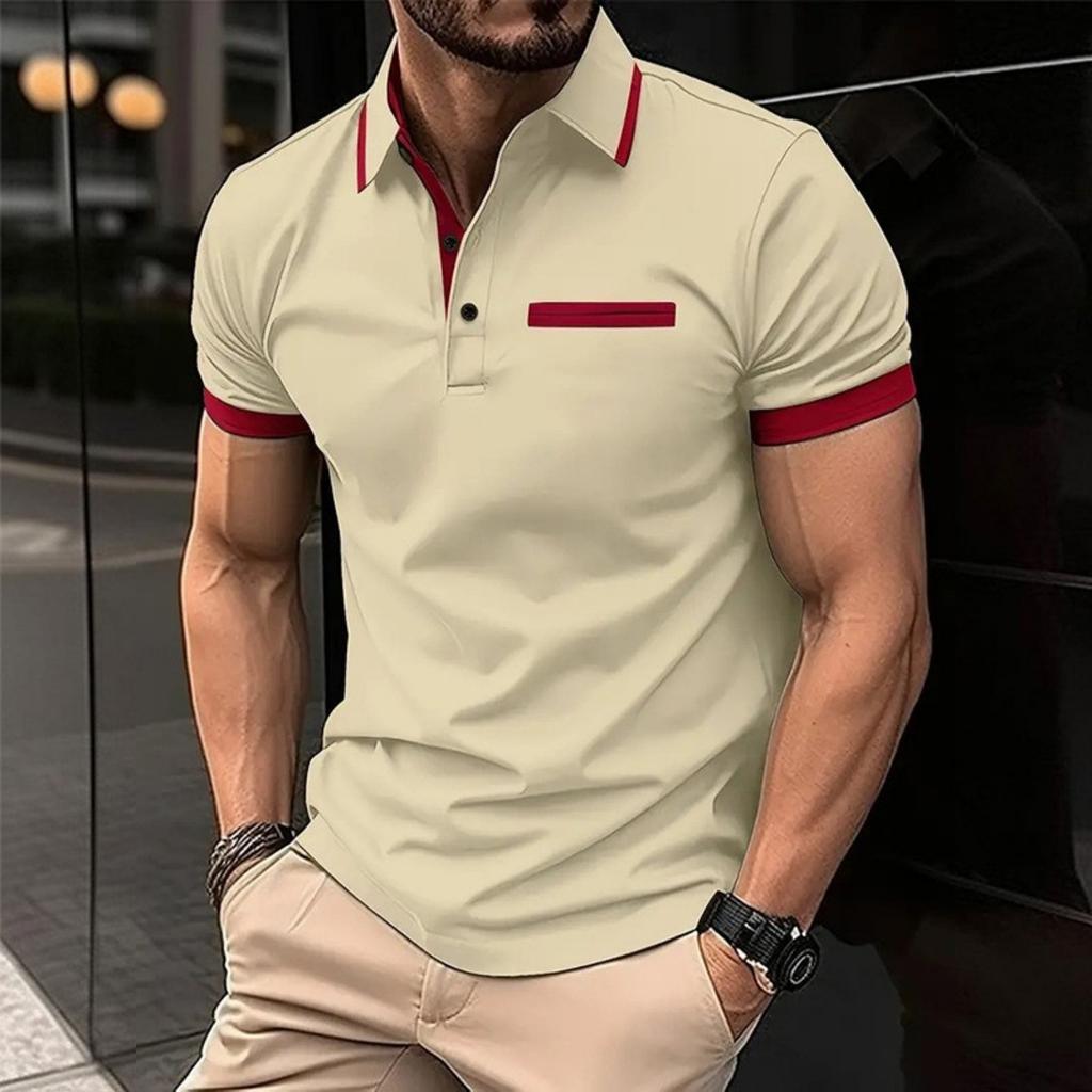 Fashion Men's Summer New Chest Fake Pockets Splicing Colour Blocking Casual Sports Polo Shirt Tops