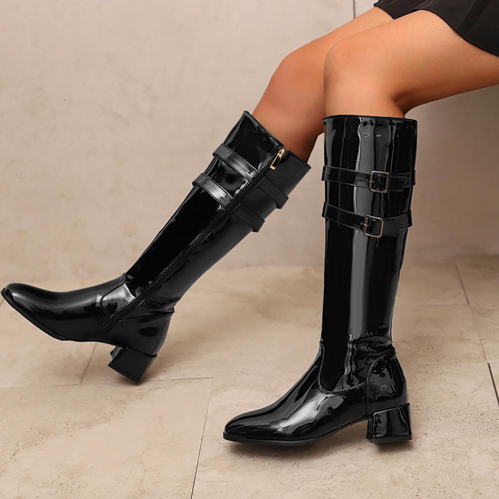 Red Black Women Knee High Boots Round Toe Mid Chunky Heels Small Big Size 32 46