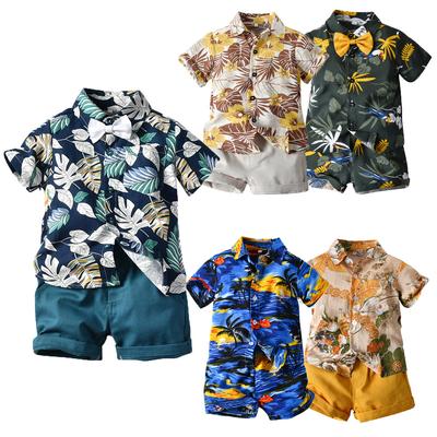 Toddler Baby Boys Hawaiian Outfit Tropical Leaf Print Short Sleeve Button Shirt Solid Shorts 2 Piece Set Summer Beach Kids Casual Suit