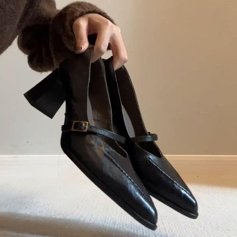 

Версия из овчины - ретро остроносые туфли Мэри Джейн на высоком каблуке женские туфли-лодочки с пряжкой и толстым каблуком 40 чёрный