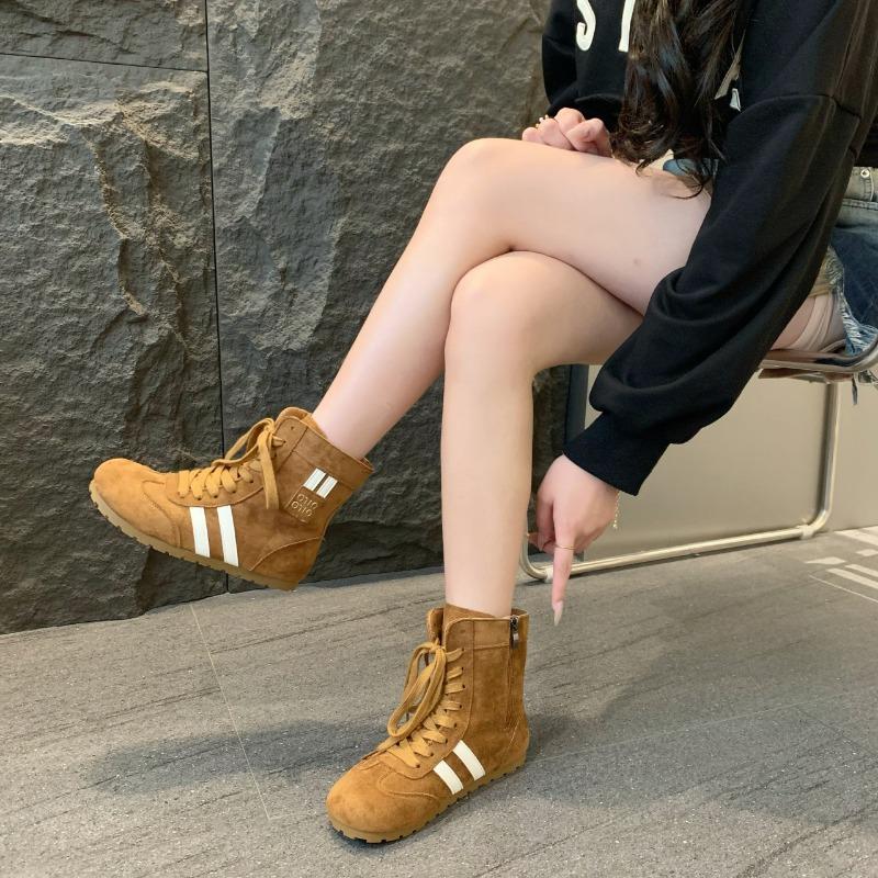

High-top flat-bottomed boxing sneakers women s new round-head versatile casual shoes inner height-increasing Martin boots short boots 40 верблюд