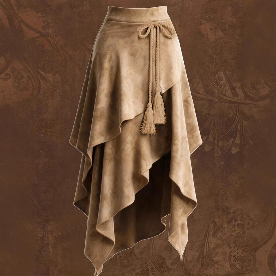 New Women's Vintage Western Irregular Rope Tie-Waist Fringed Faux Fur Midi Skirt