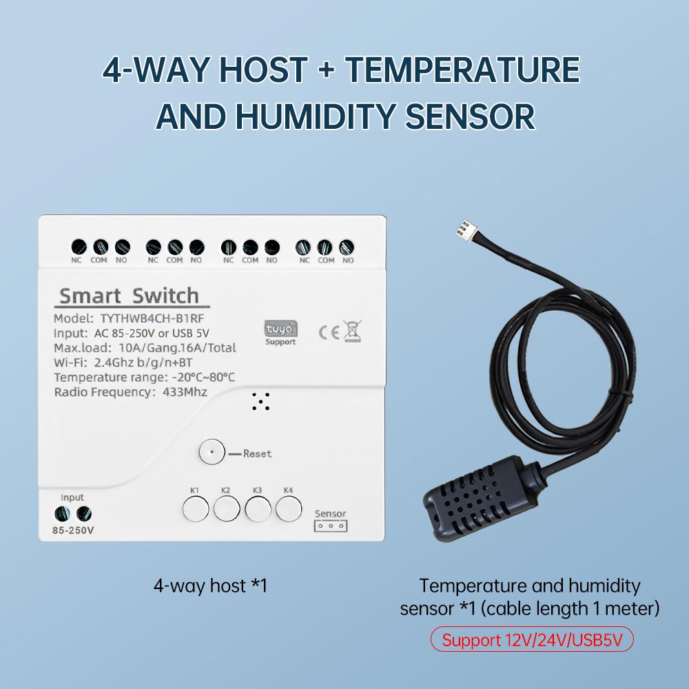 Tuya 4 Gang Smart Switch with Temperature or Humidity Sensor Passive Dry Contact 32V 250V Switch Relay Alexa Compatible 433Mhz