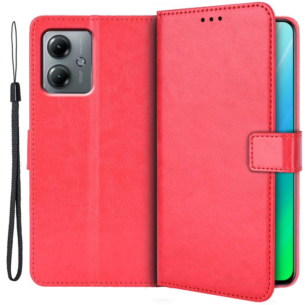 Crazy Horse Wallet Flip Case for Motorola Moto G14, Red